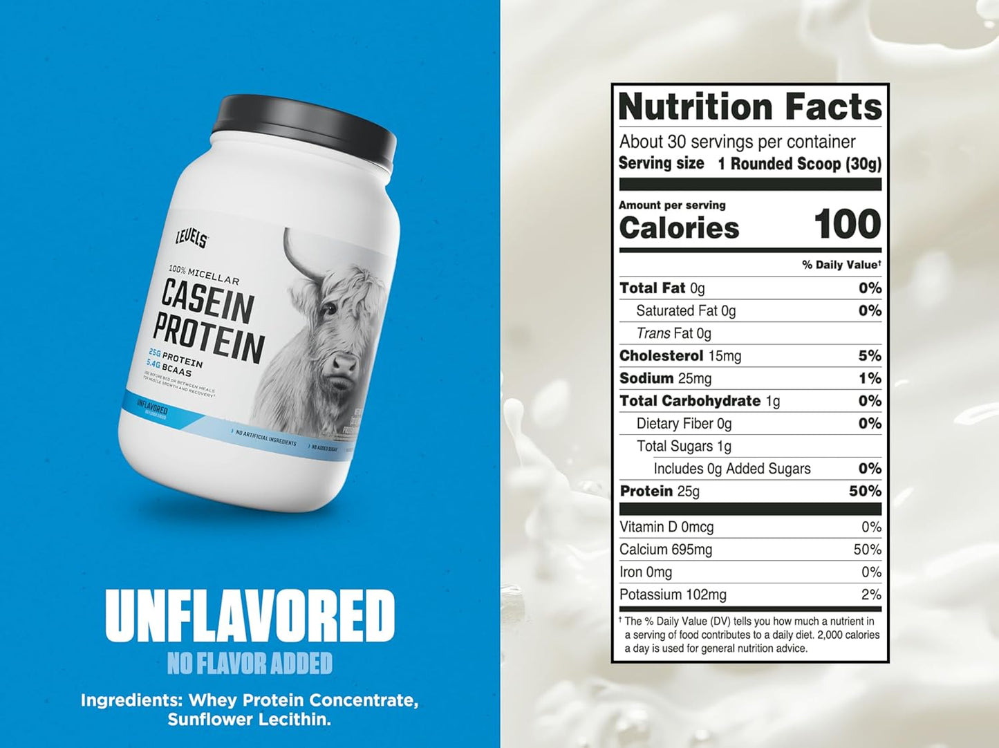 Levels Nutrition 100% Micellar Casein Protein Powder - Hormone Free & Unflavored - 2LB Size