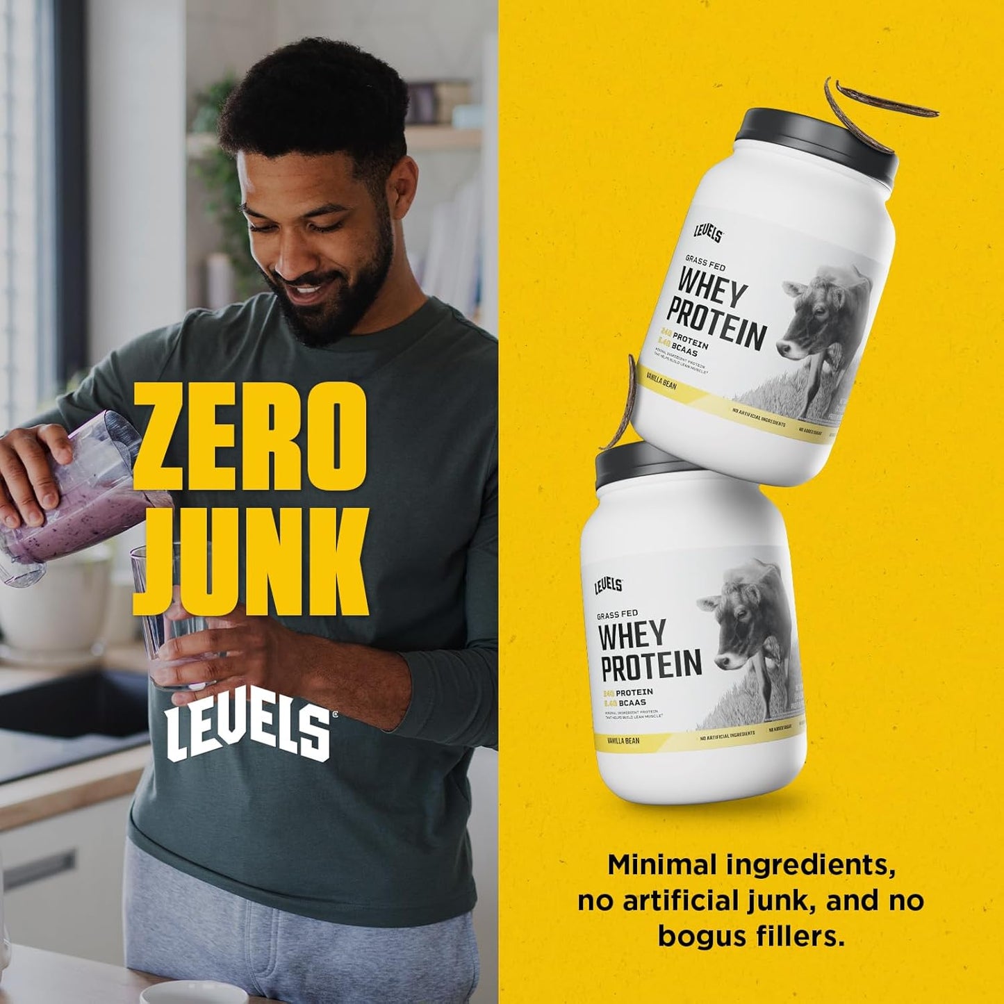 Levels Nutrition 100% Micellar Casein Protein Powder - Vanilla Bean Flavor, 2LB - Hormone Free Formula