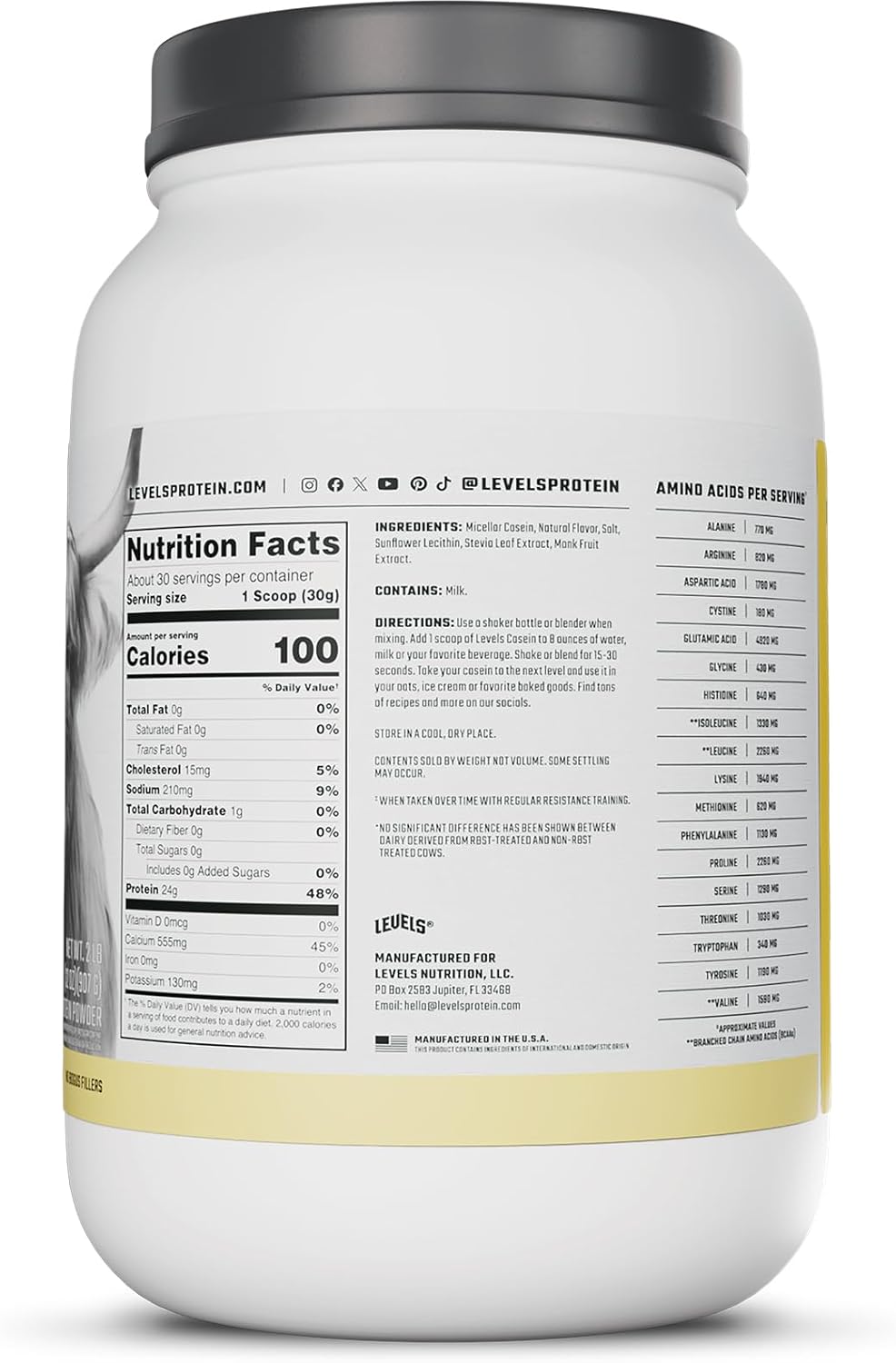 Levels Nutrition 100% Micellar Casein Protein Powder - Vanilla Bean Flavor, 2LB - Hormone Free Formula