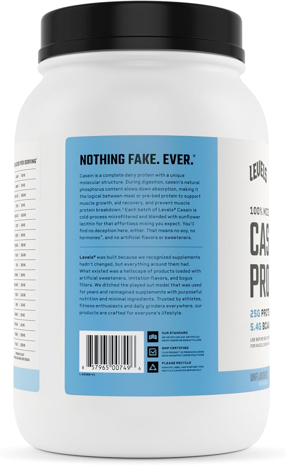 Levels Nutrition 100% Micellar Casein Protein Powder - Hormone Free & Unflavored - 2LB Size