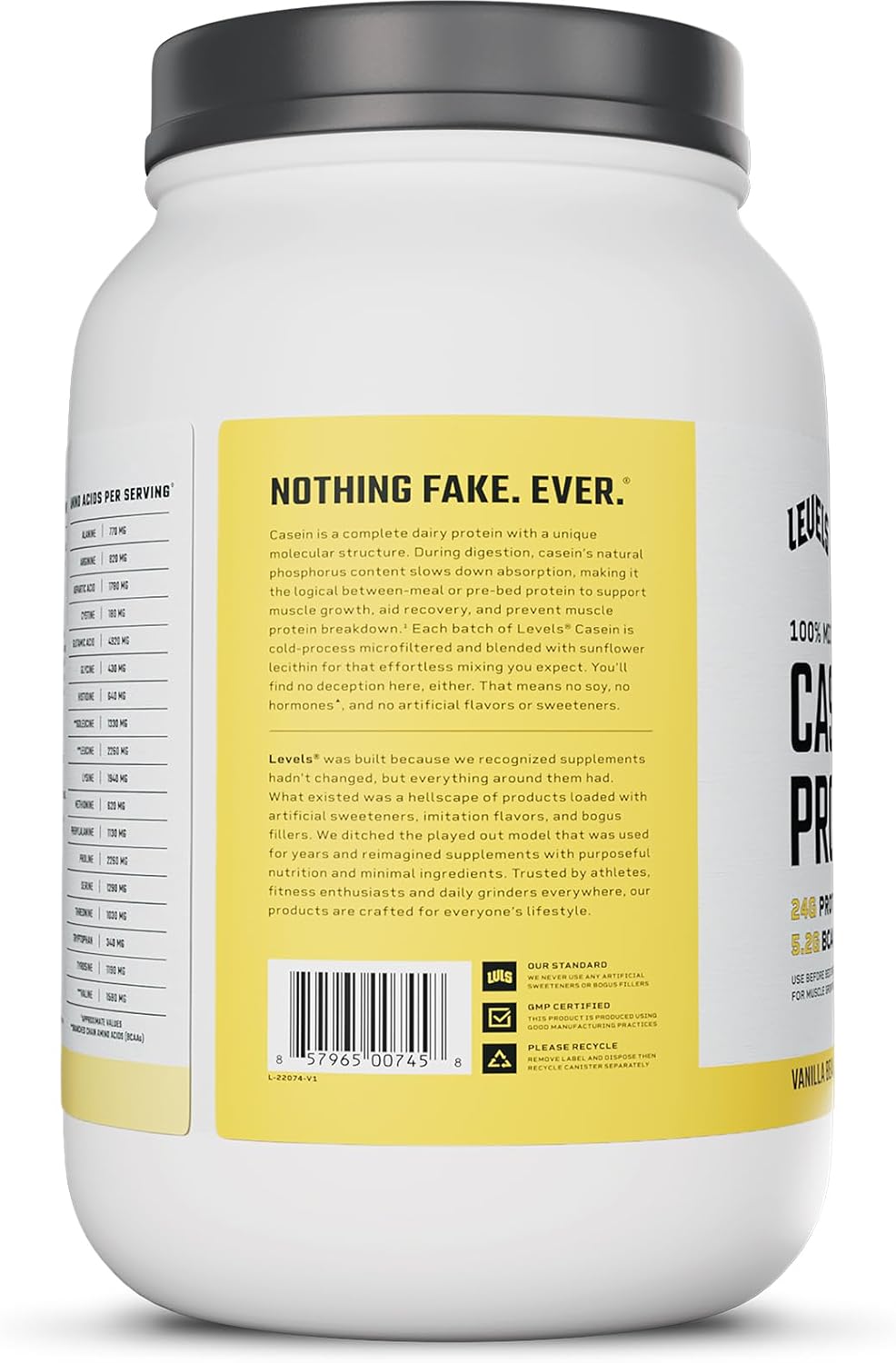 Levels Nutrition 100% Micellar Casein Protein Powder - Vanilla Bean Flavor, 2LB - Hormone Free Formula