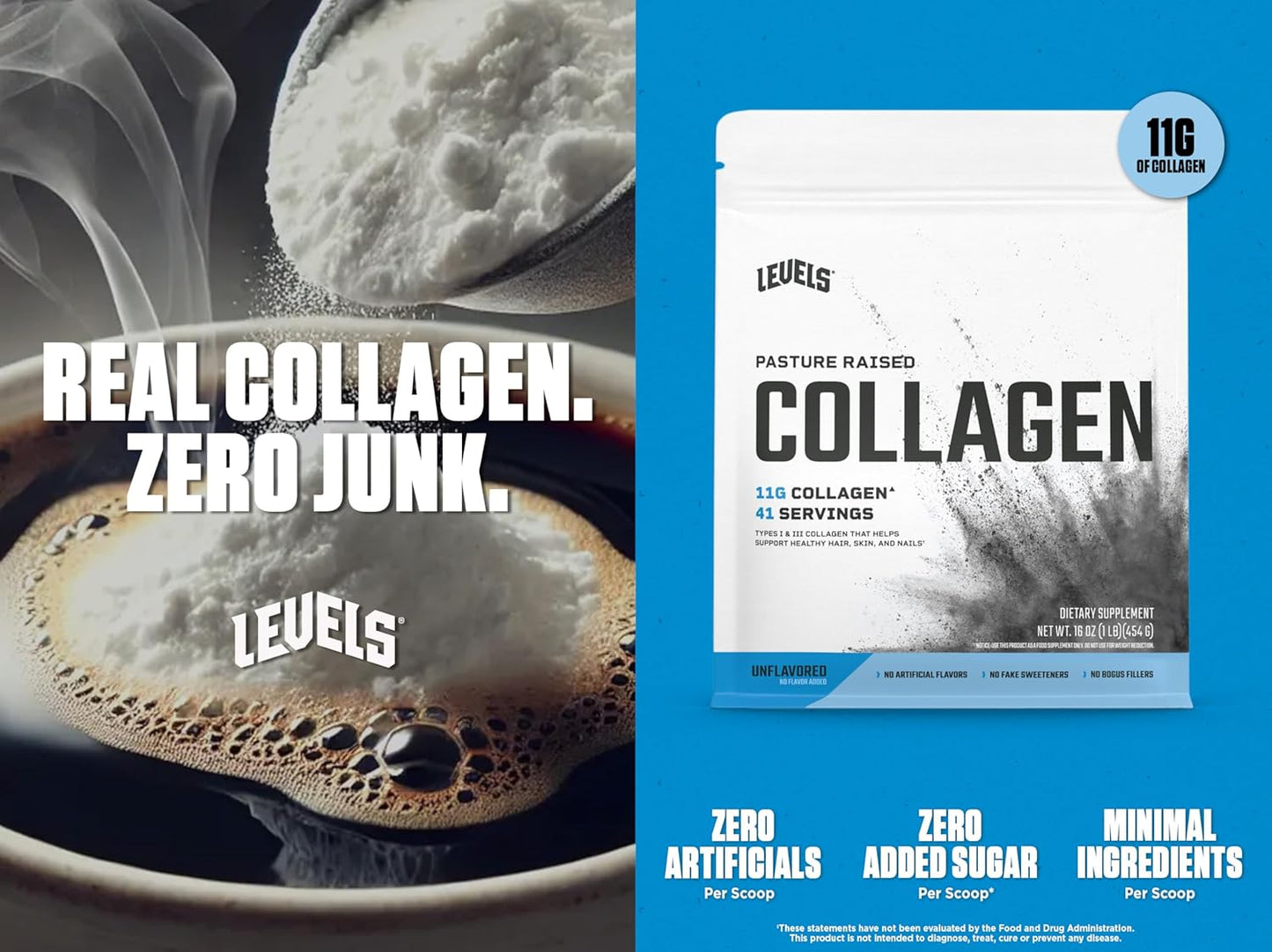 Levels Nutrition Collagen Peptides - 11g of Collagen, Unflavored, 1lb - No Artificial Ingredients