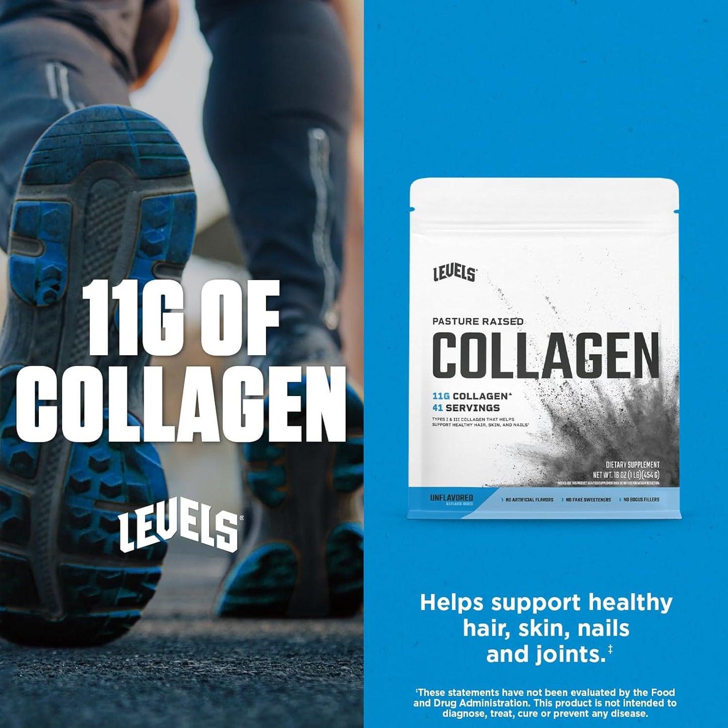 Levels Nutrition Collagen Peptides - 11g of Collagen, Unflavored, 1lb - No Artificial Ingredients
