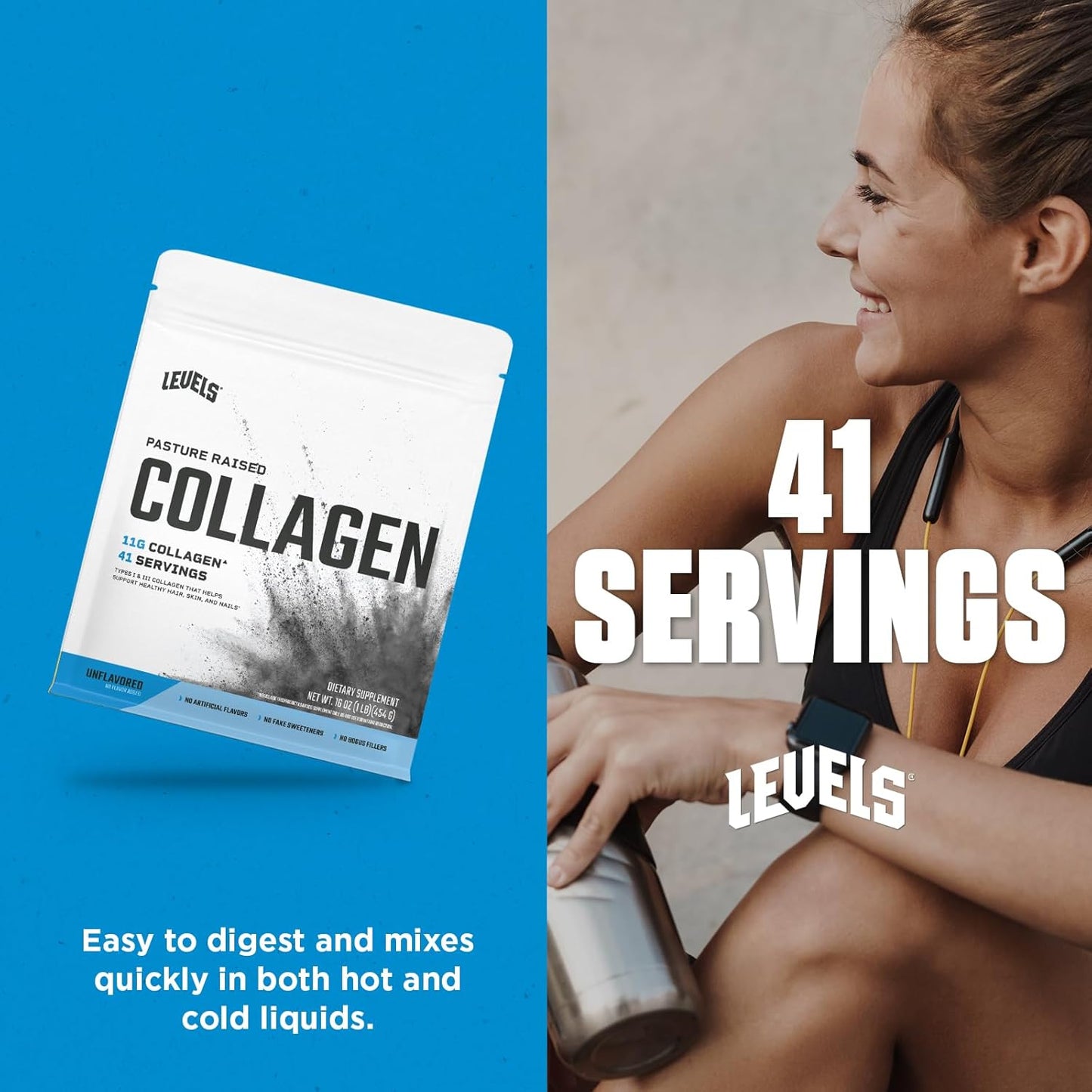 Levels Nutrition Collagen Peptides - 11g of Collagen, Unflavored, 1lb - No Artificial Ingredients
