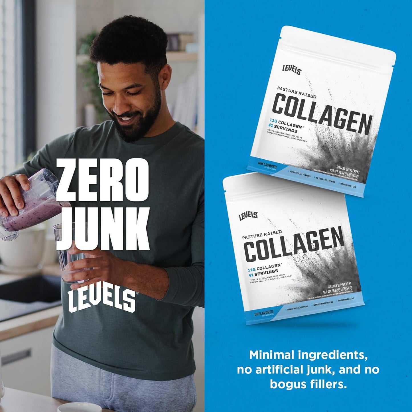 Levels Nutrition Collagen Peptides - 11g of Collagen, Unflavored, 1lb - No Artificial Ingredients