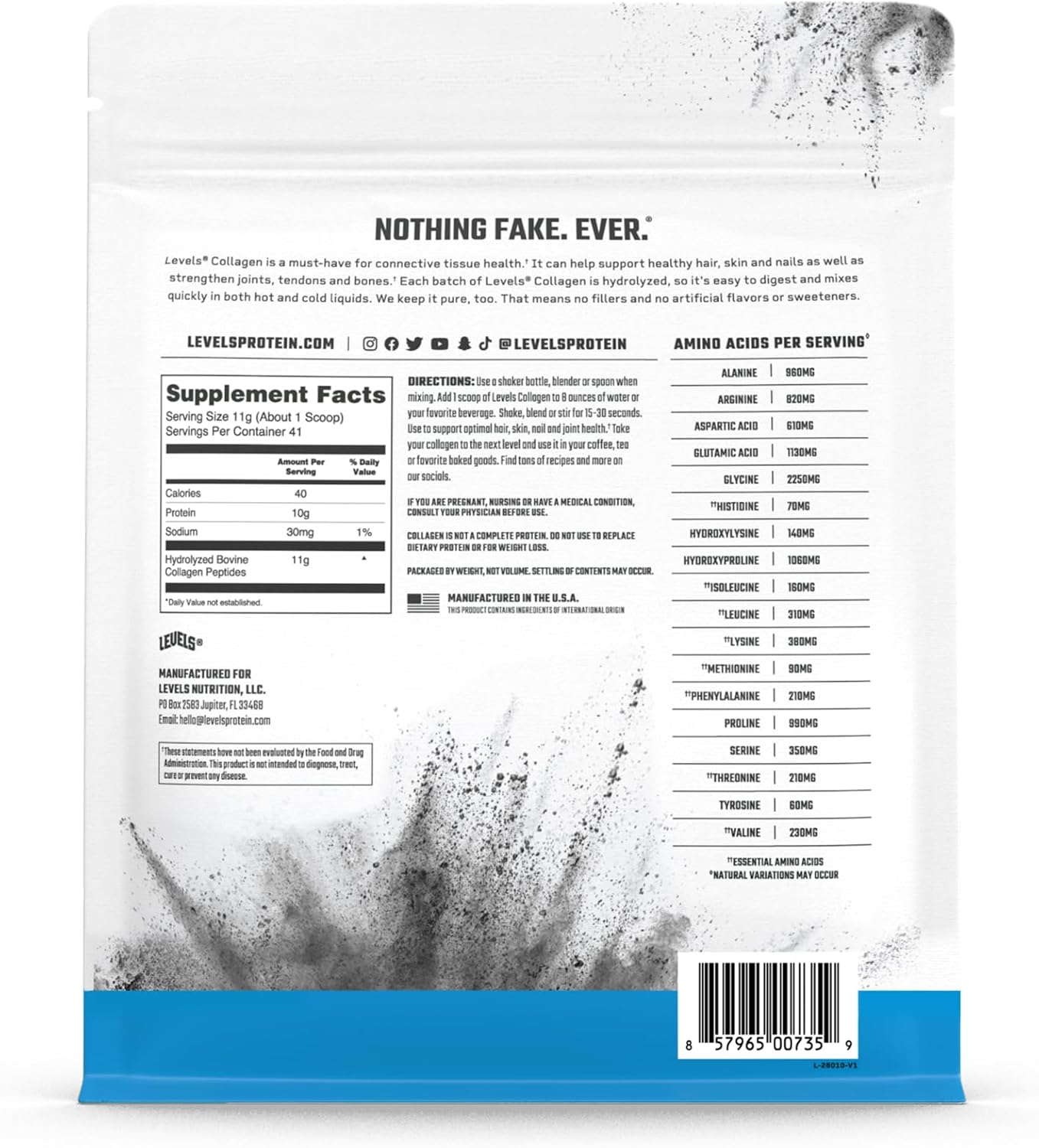 Levels Nutrition Collagen Peptides - 11g of Collagen, Unflavored, 1lb - No Artificial Ingredients