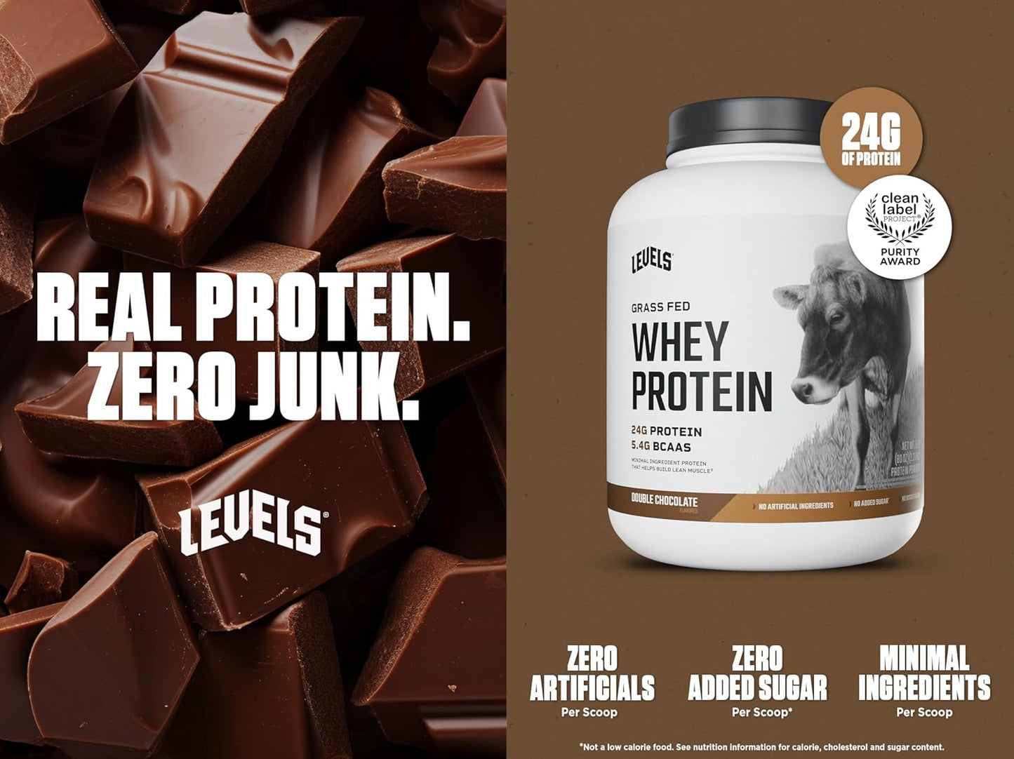 Levels Nutrition Grass Fed Whey Protein Powder - 24G Protein, Double Chocolate Flavor - 5LB, No Artificial Ingredients