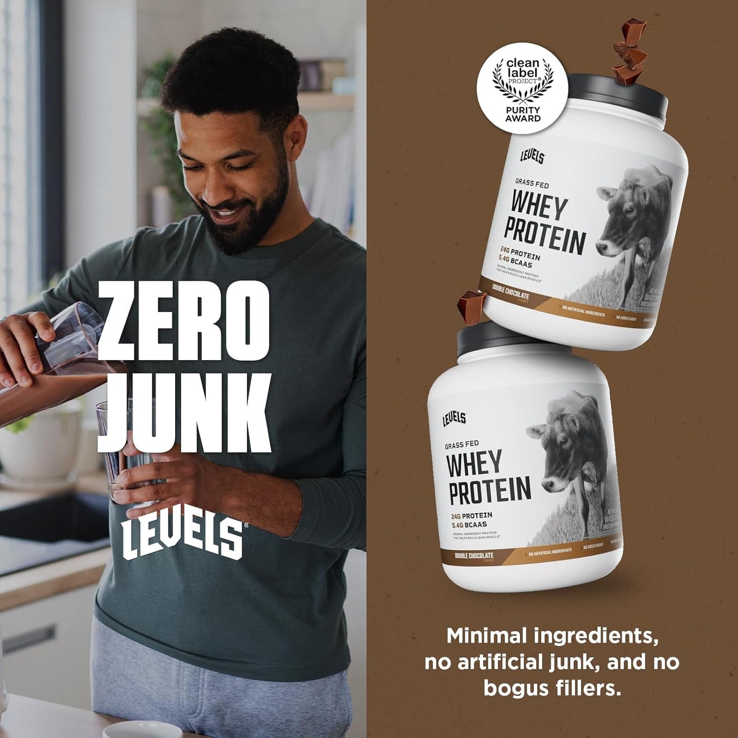 Levels Nutrition Grass Fed Whey Protein Powder - 24G Protein, Double Chocolate Flavor - 5LB, No Artificial Ingredients