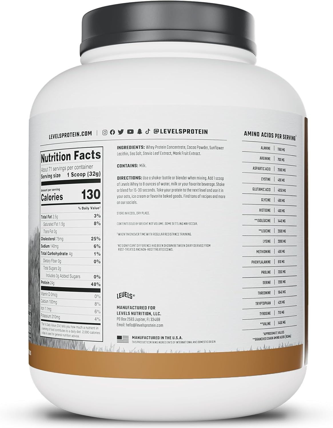 Levels Nutrition Grass Fed Whey Protein Powder - 24G Protein, Double Chocolate Flavor - 5LB, No Artificial Ingredients