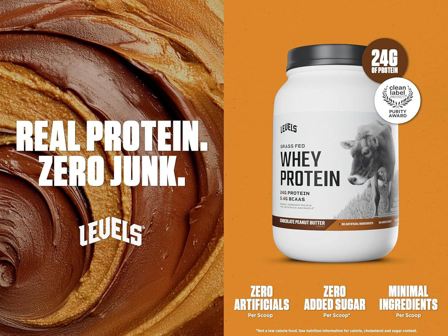 Levels Nutrition Grass Fed Whey Protein Powder - Chocolate Peanut Butter Flavor, 24g Protein, No Artificial Ingredients - 2LB Pack