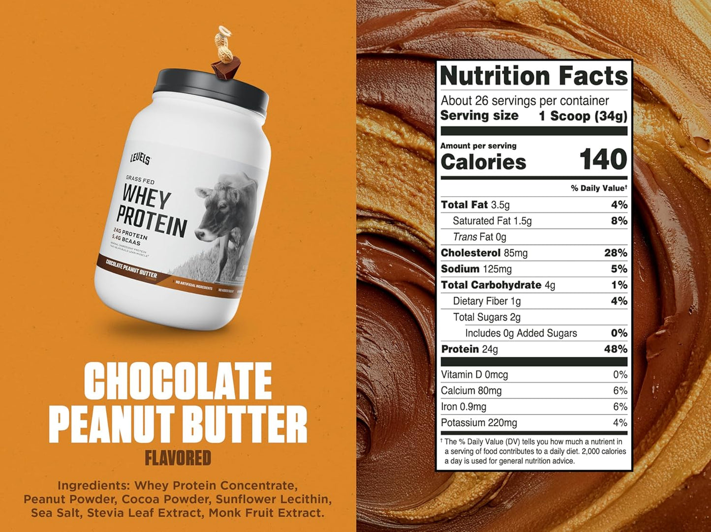 Levels Nutrition Grass Fed Whey Protein Powder - Chocolate Peanut Butter Flavor, 24g Protein, No Artificial Ingredients - 2LB Pack