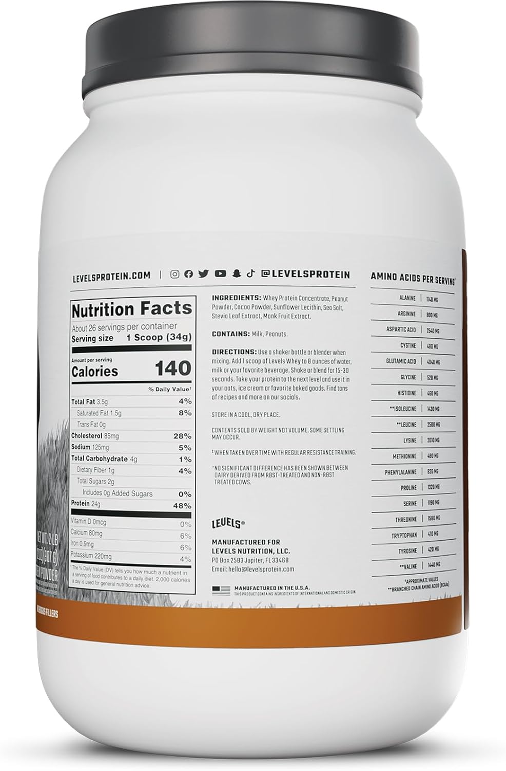 Levels Nutrition Grass Fed Whey Protein Powder - Chocolate Peanut Butter Flavor, 24g Protein, No Artificial Ingredients - 2LB Pack