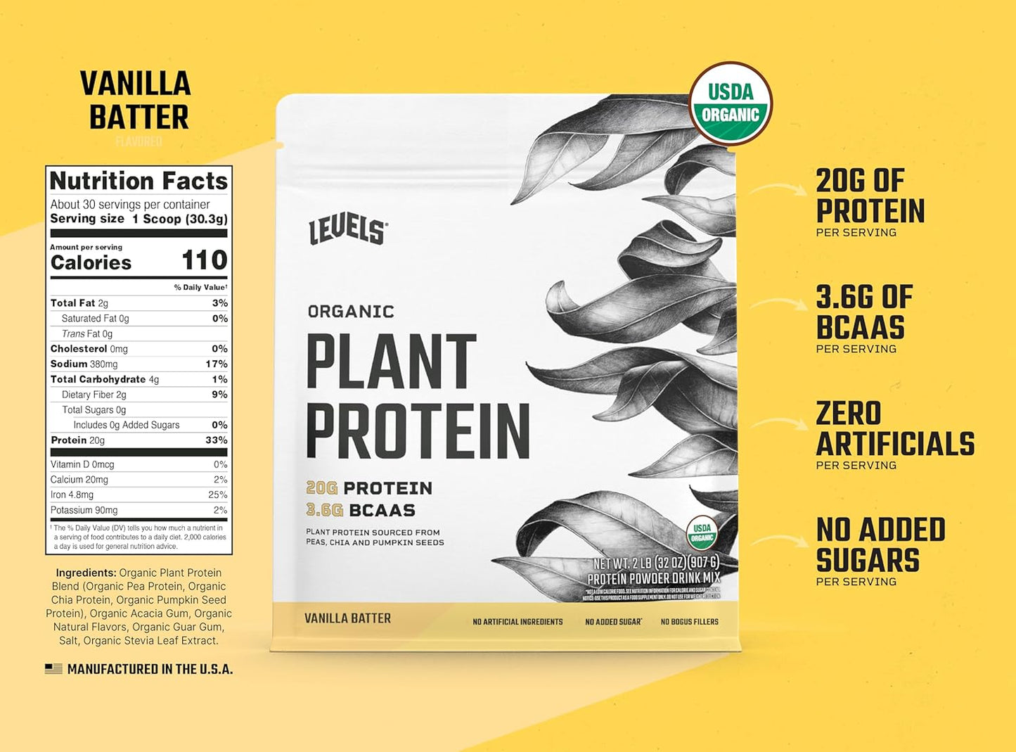 Levels Organic Plant Protein Powder - 20G Protein, No Artificial Ingredients, Vanilla Batter Flavor, 2LB Jar