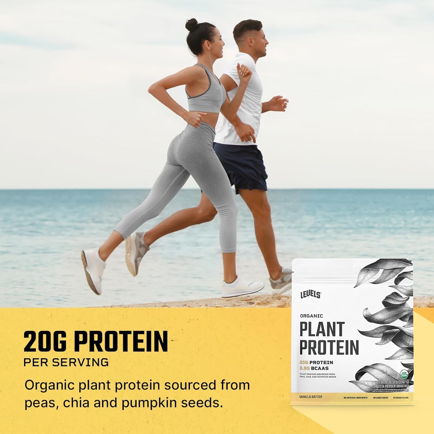 Levels Organic Plant Protein Powder - 20G Protein, No Artificial Ingredients, Vanilla Batter Flavor, 2LB Jar