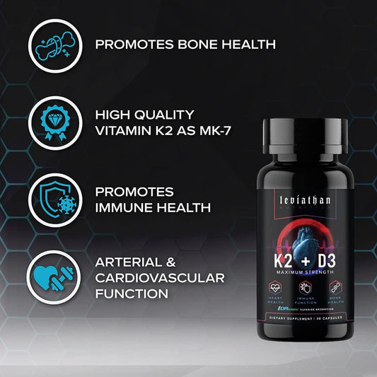 Leviathan Nutrition Vitamin D3 K2 2 in 1 Formula | Vegan Organic Extra Strength Supplements for Heart, Teeth, Joint, and Bone Health - 360mcg Vitamin K2 (MK7) + 5000 IU Vitamin D3