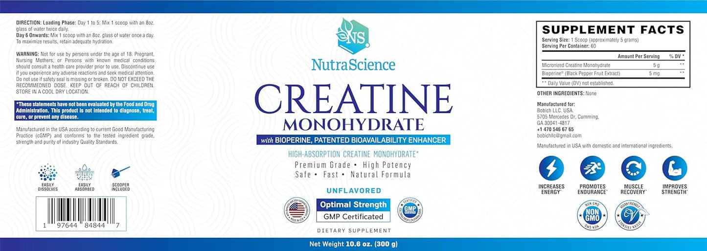 Liarminoo NutraScience Creatine Monohydrate Powder: Supports Lean Muscle Growth & Recovery, 60 Servings, 5000mg Per Serving, Unflavored - GMP Certified & Vegan Friendly