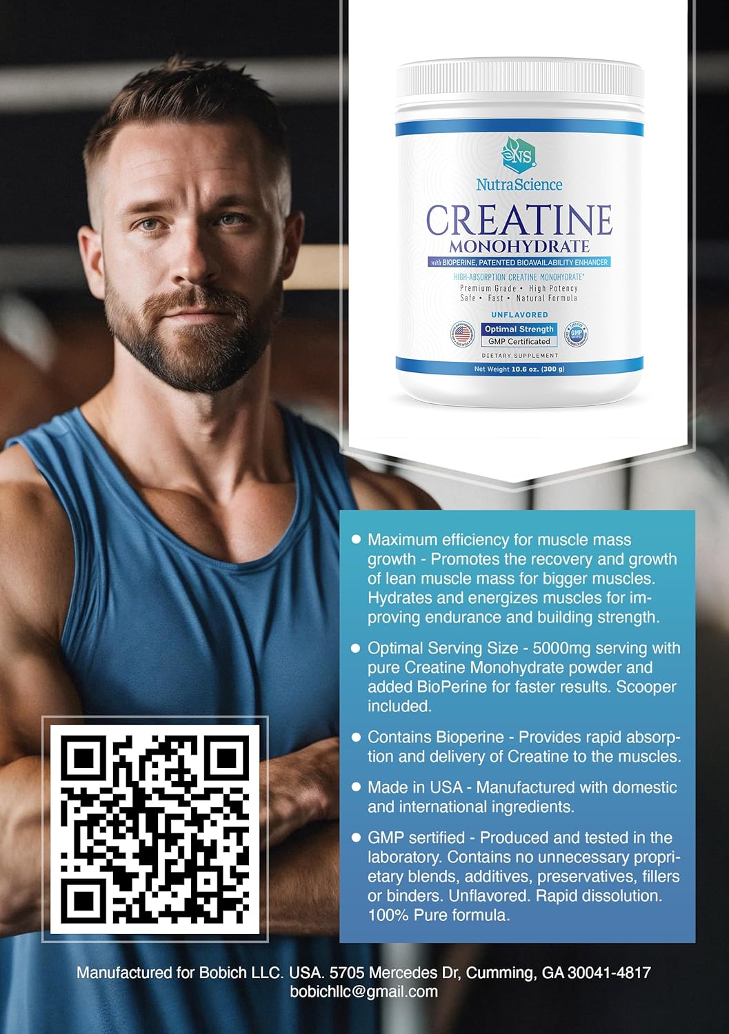Liarminoo NutraScience Creatine Monohydrate Powder: Supports Lean Muscle Growth & Recovery, 60 Servings, 5000mg Per Serving, Unflavored - GMP Certified & Vegan Friendly