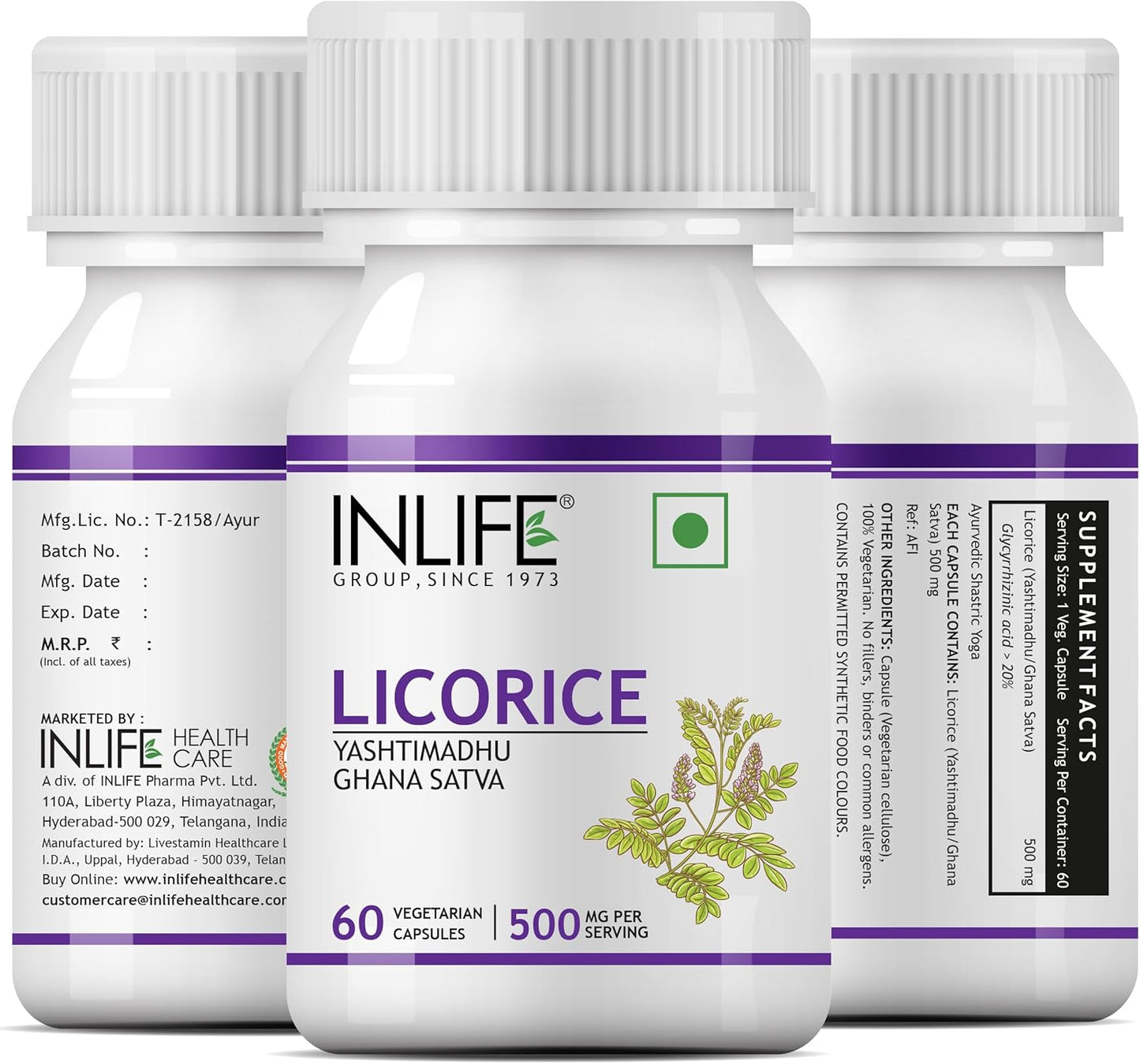 Licorice Root Extract Supplement 500mg - 60 Vegetarian Capsules for Digestive Health