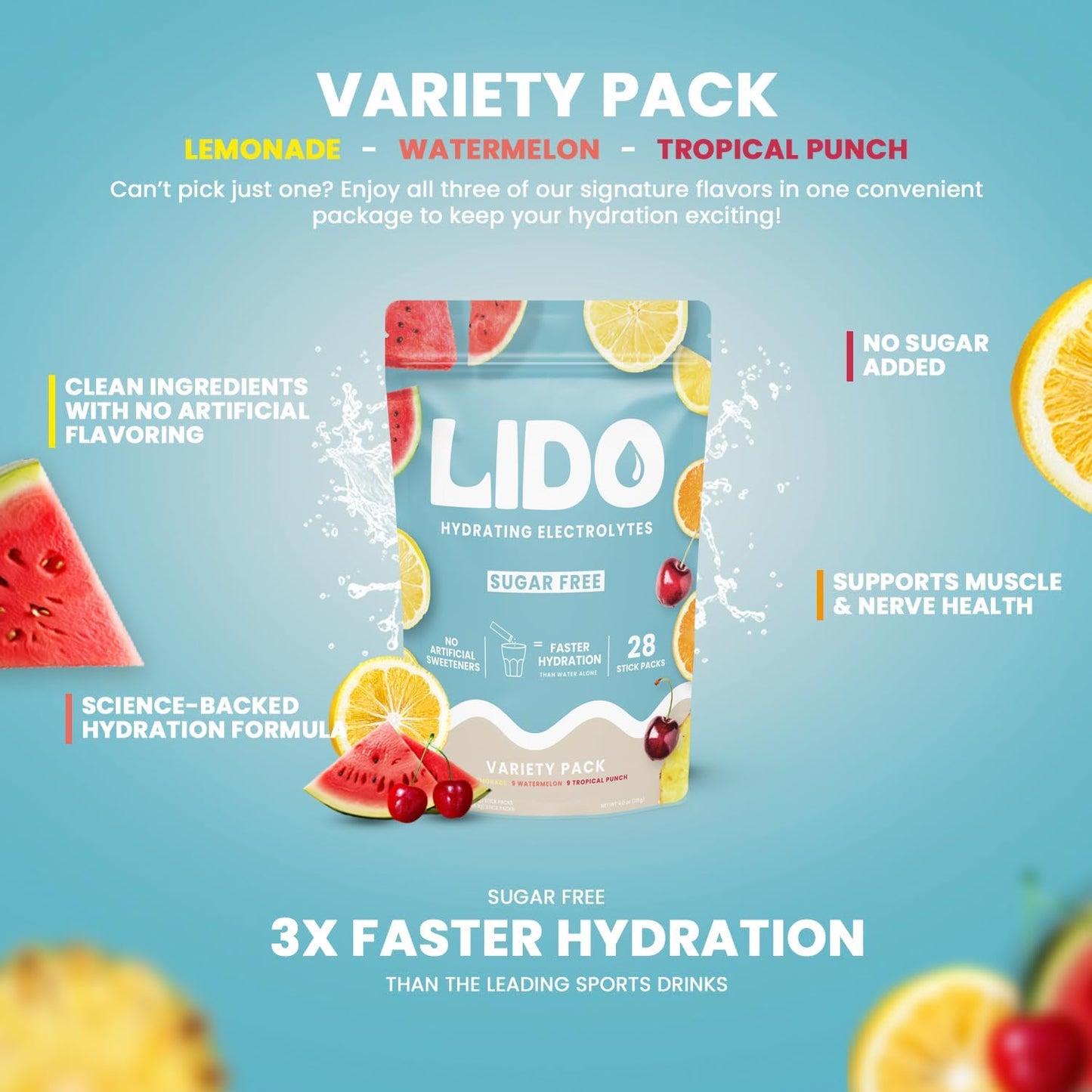 LIDO Electrolyte Powder Packets - Vegan & Paleo Friendly Hydration with No Sugar or Artificial Ingredients - 28 Sticks Variety Pack in Watermelon, Lemonade, Tropical Punch Flavors