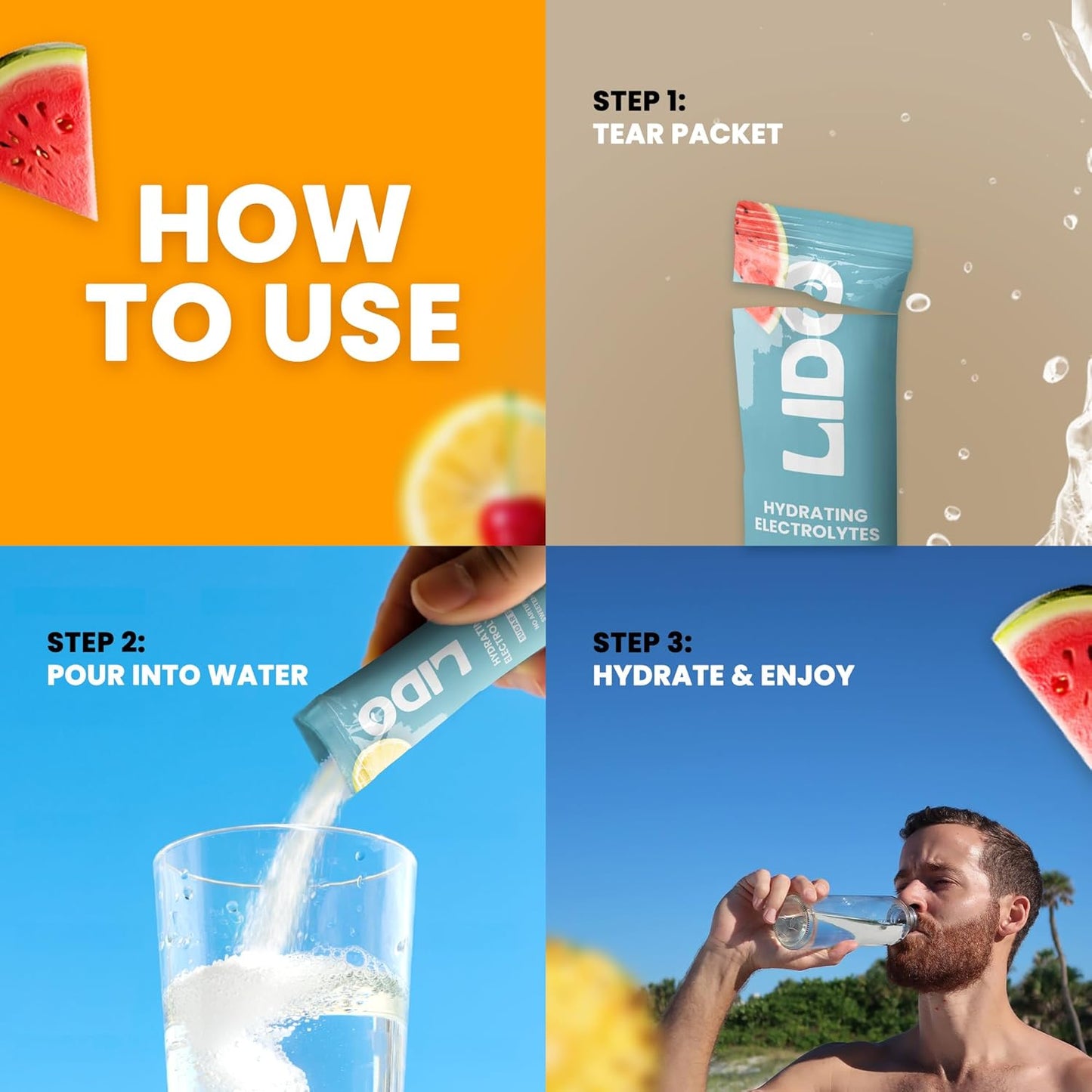 LIDO Electrolyte Powder Packets - Vegan & Paleo Friendly Hydration with No Sugar or Artificial Ingredients - 28 Sticks Variety Pack in Watermelon, Lemonade, Tropical Punch Flavors