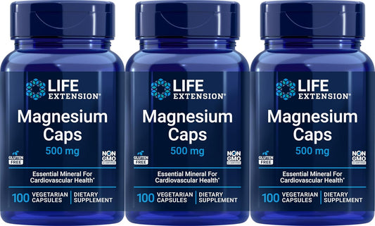 Life Extension Magnesium 500 mg - 100 Vegetarian Capsules, Pack of 3 - High Potency Mineral Supplement