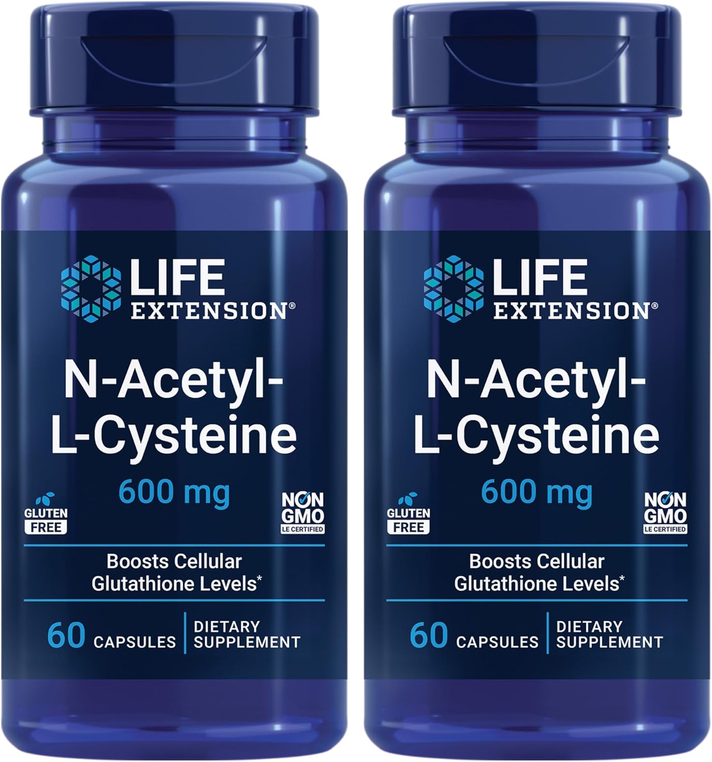 Life Extension N-Acetyl-L-Cysteine (NAC) 600mg x 60 Capsules - Immune, Respiratory & Liver Health, Potent Antioxidant, Free-Radical Support - Twin Pack