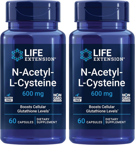 Life Extension N-Acetyl-L-Cysteine (NAC) 600mg x 60 Capsules - Immune, Respiratory & Liver Health, Potent Antioxidant, Free-Radical Support - Twin Pack