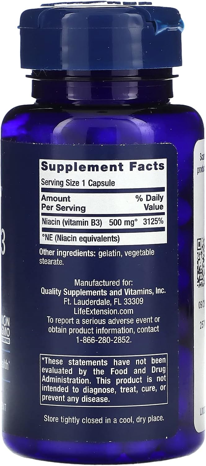 Life Extension Vitamin B3 Niacin 500mg Capsules - Pack of 100
