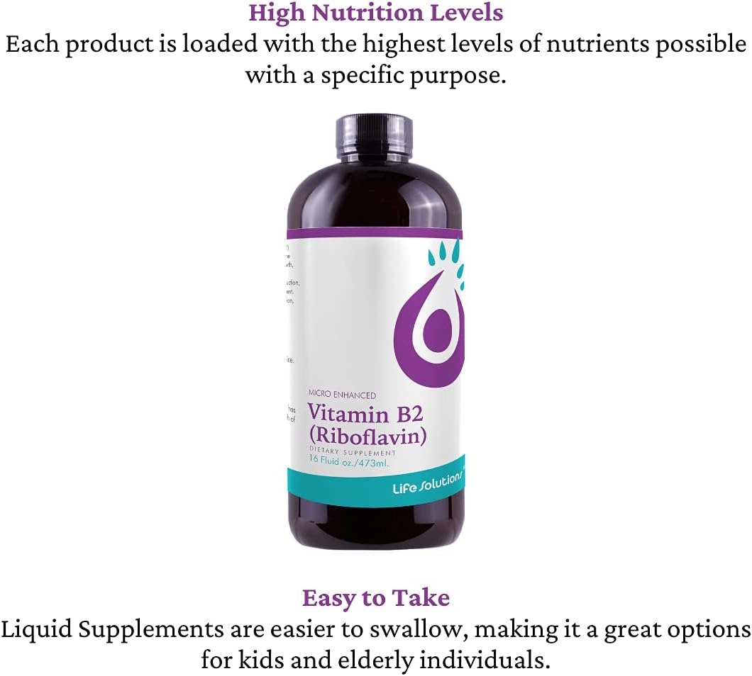 Life Solutions Vitamin B2 - Liquid Dietary Supplement with 50mg Riboflavin Per Serving - Highly Bioavailable, Pharmacist Formulated, Rapid-Sorb Technology for Efficient Nutrient Absorption - 16 fl oz