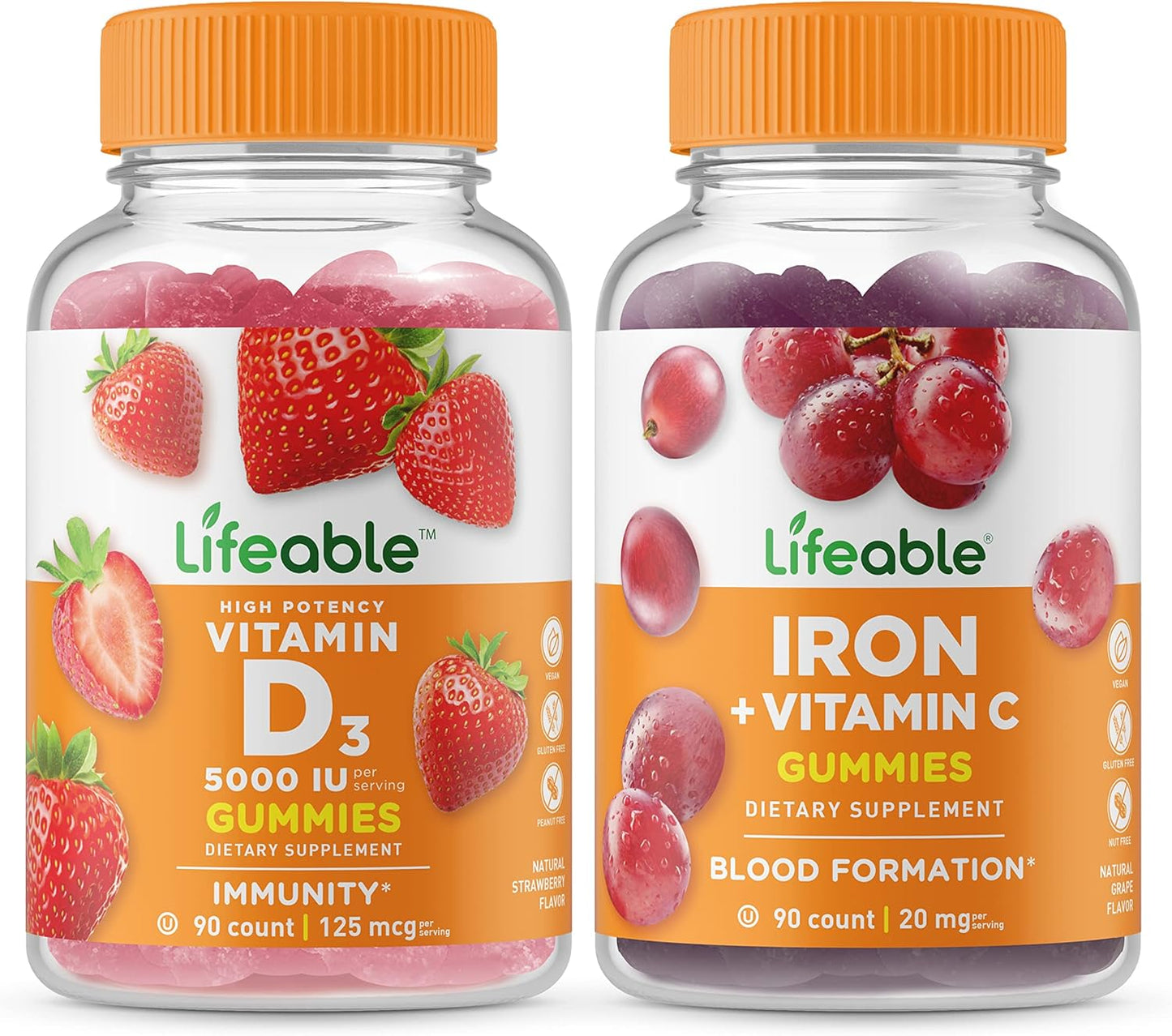 Lifeable Vitamin D 5000 IU + Iron with Vitamin C Gummies Bundle - Tasty Vitamin Supplement, Gluten & GMO Free Chewables