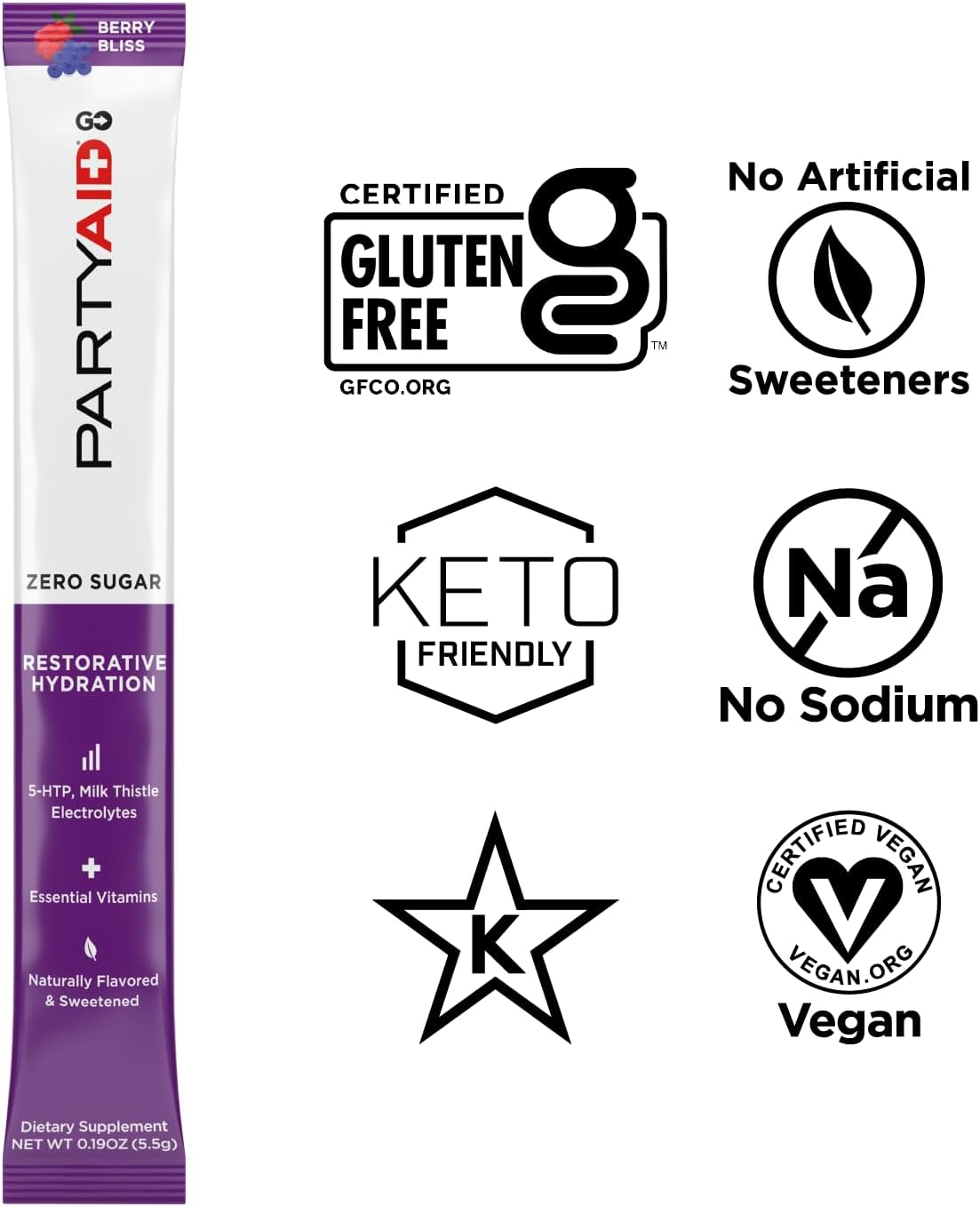 LIFEAID PARTYAID GO Feel Good Supplement with Zero Sugar, 5-HTP, B-Complex, Milk Thistle, Electrolytes - Caffeine-Free, 30 Count Pack
