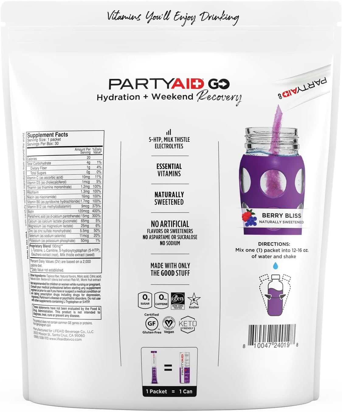 LIFEAID PARTYAID GO Feel Good Supplement with Zero Sugar, 5-HTP, B-Complex, Milk Thistle, Electrolytes - Caffeine-Free, 30 Count Pack