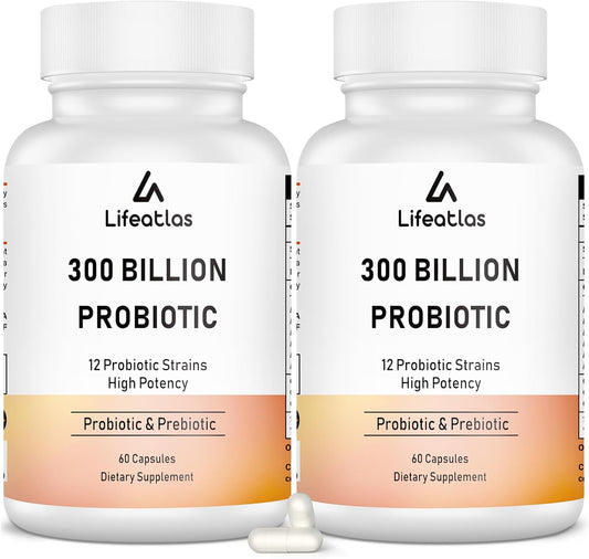 Lifeatlas 300 Billion CFU Probiotics - 12 Strains Prebiotic Blend for Digestive & Gut Health, Immune Support - 120 Capsules
