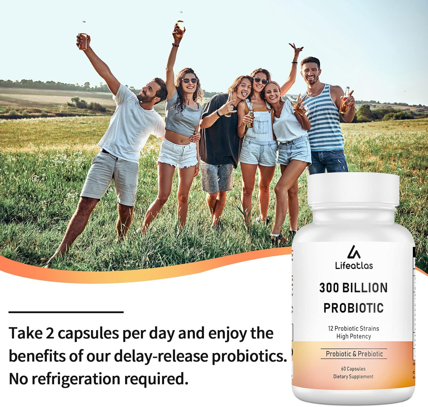 Lifeatlas 300 Billion CFU Probiotics - 12 Strains Prebiotic Blend for Digestive & Gut Health, Immune Support - 120 Capsules