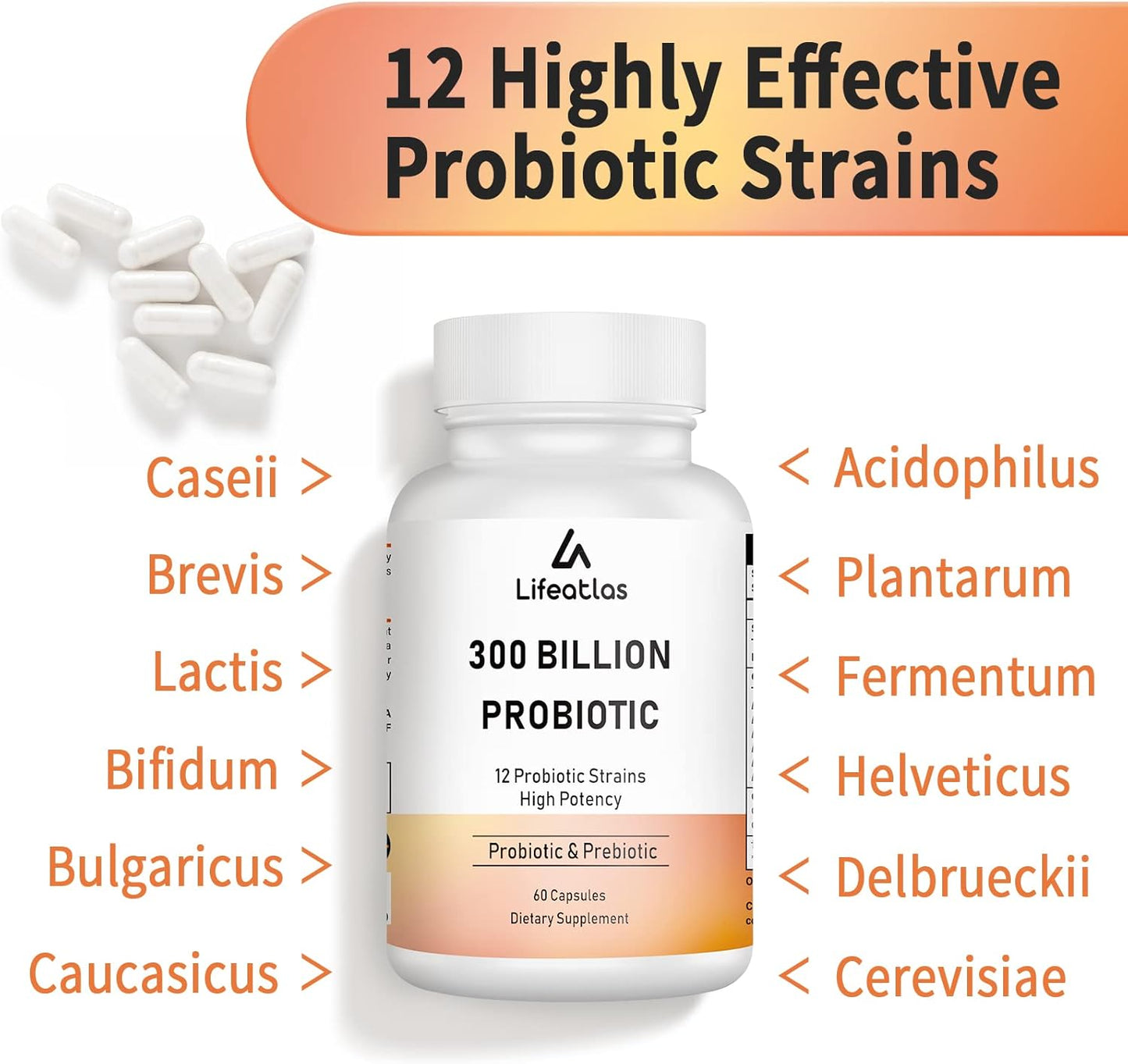 Lifeatlas 300 Billion CFU Probiotics - 12 Strains Prebiotic Blend for Digestive & Gut Health, Immune Support - 120 Capsules