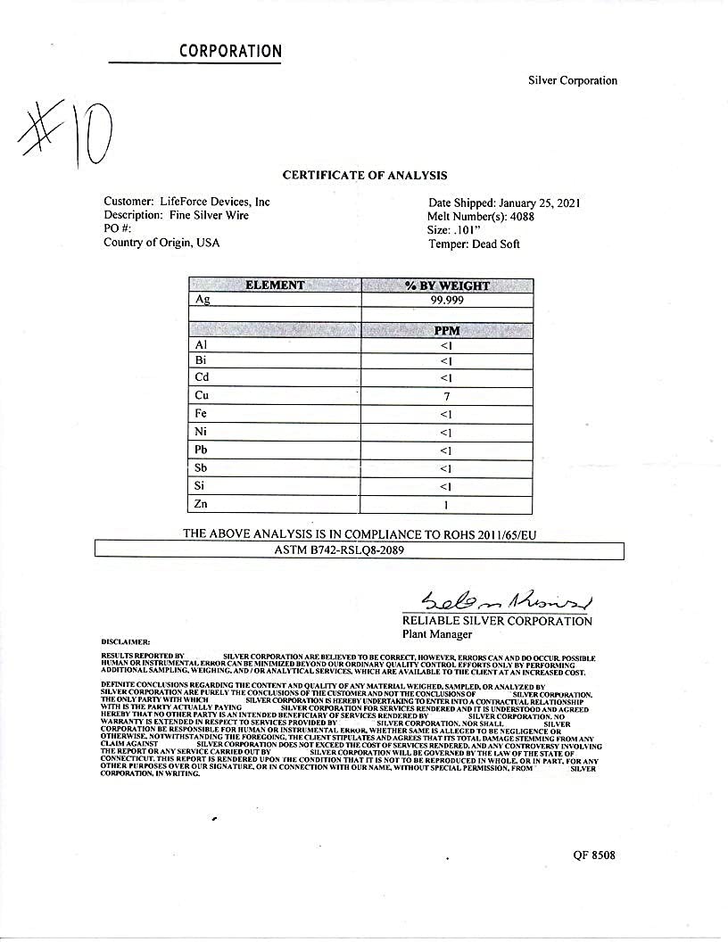 LifeForce Devices 36" 10 Gauge 9999 Pure Colloidal Silver Generator Wire