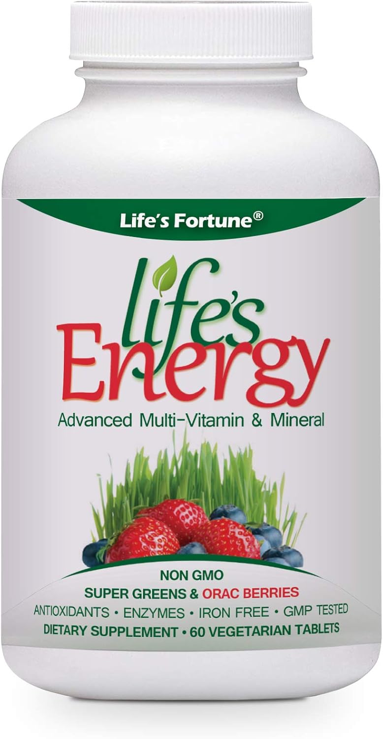 Life's Fortune Advanced Multi-Vitamin and Mineral with Super Greens, ORAC Berries, Antioxidants, and Enzymes - Non-GMO, Iron-Free, GMP Tested - 60 Veggie Tablets