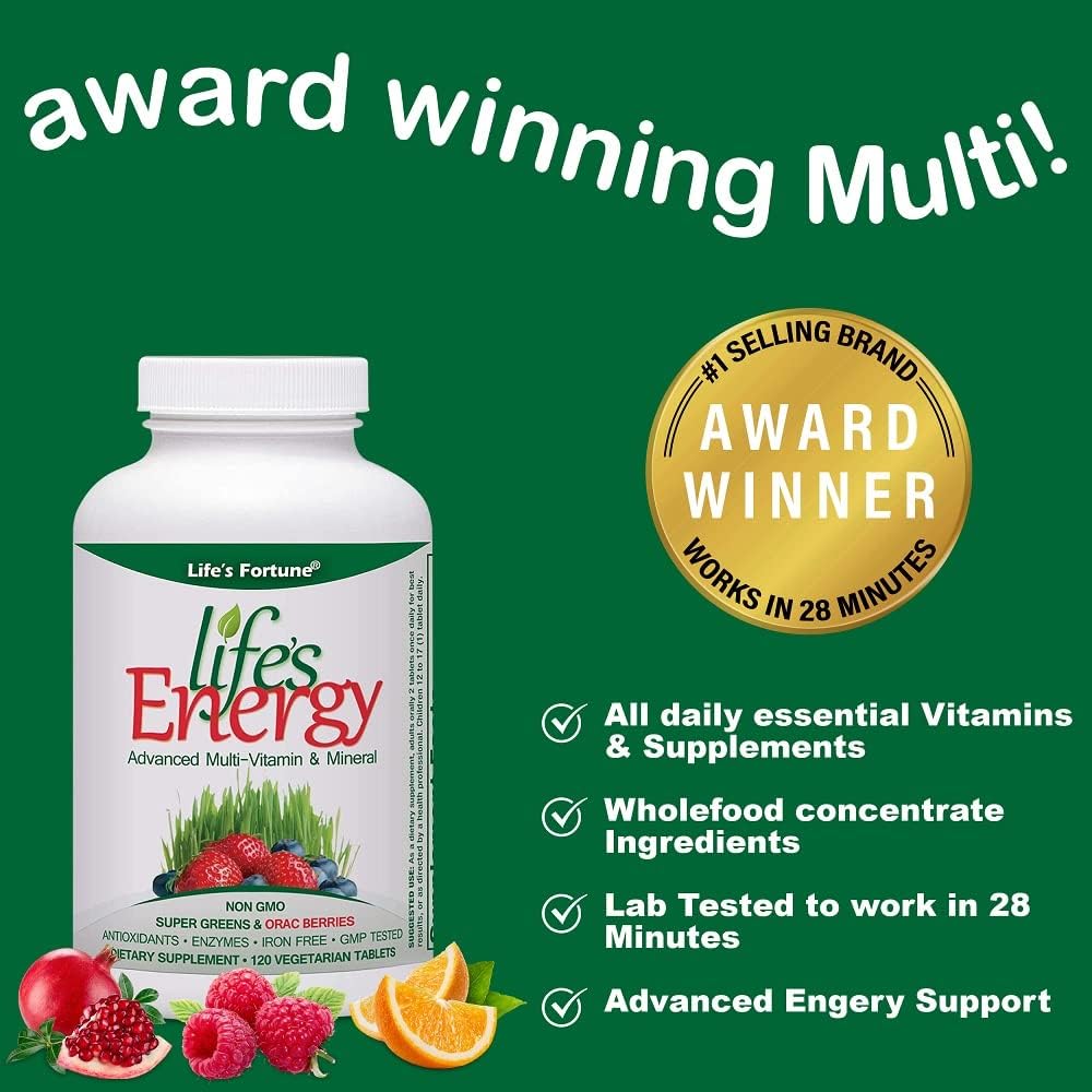 Life's Fortune Advanced Multi-Vitamin and Mineral with Super Greens, ORAC Berries, Antioxidants, and Enzymes - Non-GMO, Iron-Free, GMP Tested - 60 Veggie Tablets