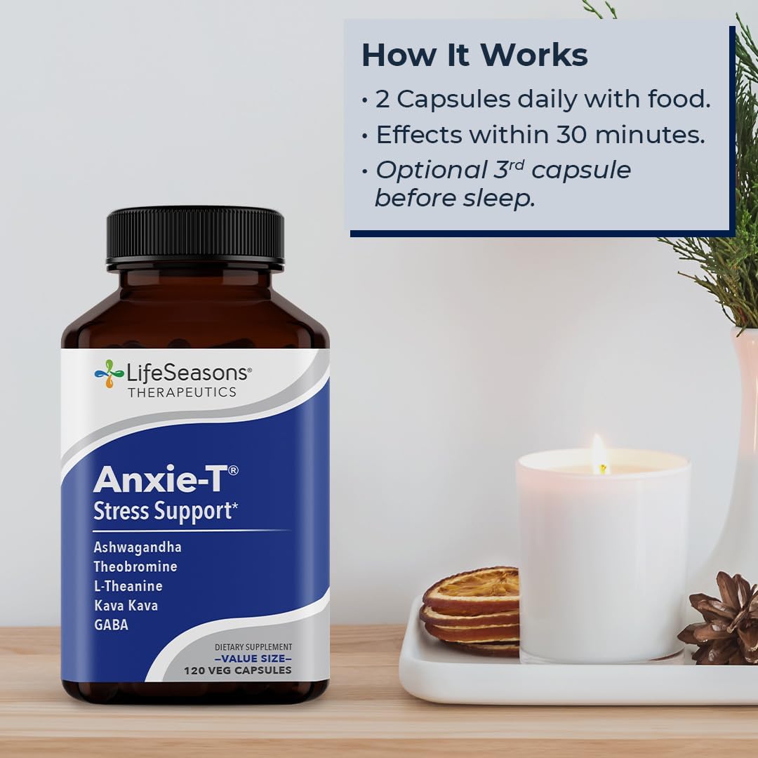 LifeSeasons Anxie-T with Mood Stabili-T - Natural Mood Support Supplement for Relaxation & Mental Clarity - Ashwagandha, Kava Kava, GABA, L-Theanine - 180 Capsules