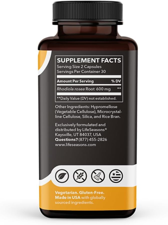 LifeSeasons Essentials Rhodiola Root Capsules - Promotes Stress Relief, Sleep Quality, Cognitive Function - Natural Calm Support - 600mg - 30 Day Supply