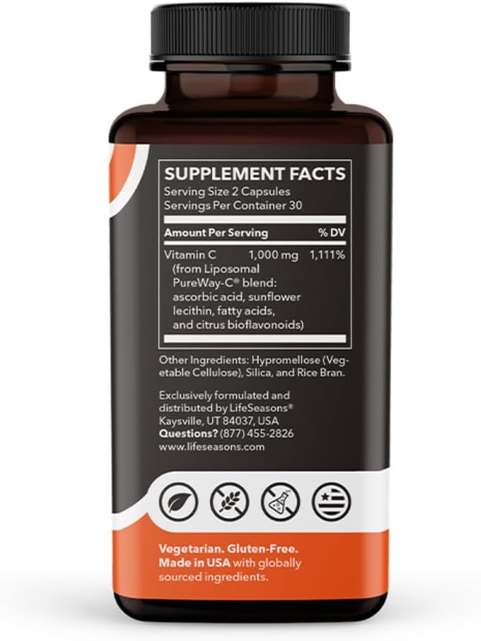 LifeSeasons Liposomal Vitamin C Supplement - Supports Skin, Heart, and Immunity - Boosts Collagen Production - Antioxidants for Stress Relief - 60 Capsules