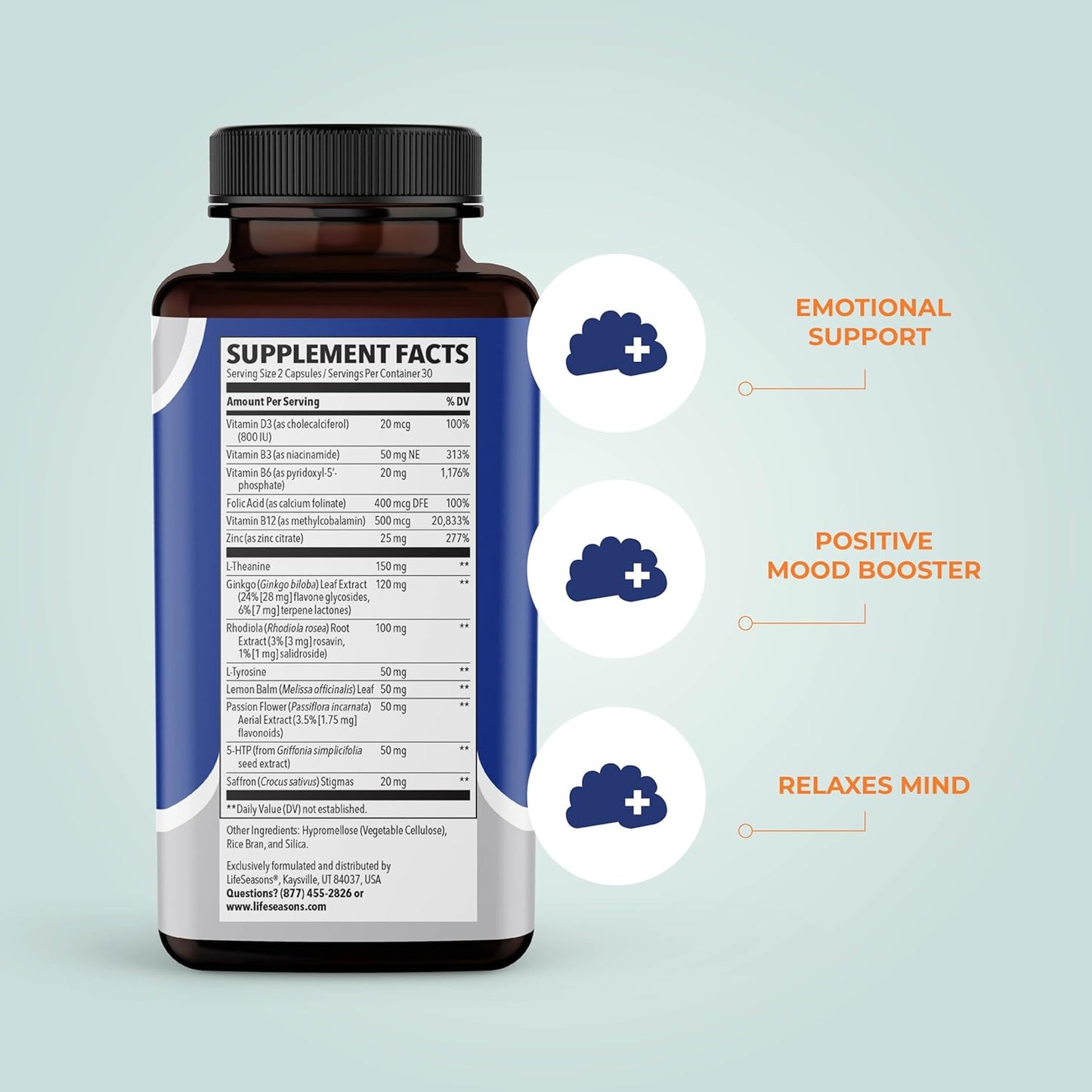 LifeSeasons Mood Stabilizer Supplement - Supports Emotional Balance, Calmness, and Happiness - Stress Relief with Rhodiola, Ginkgo Biloba, and Vitamin D3 - 60 Capsules