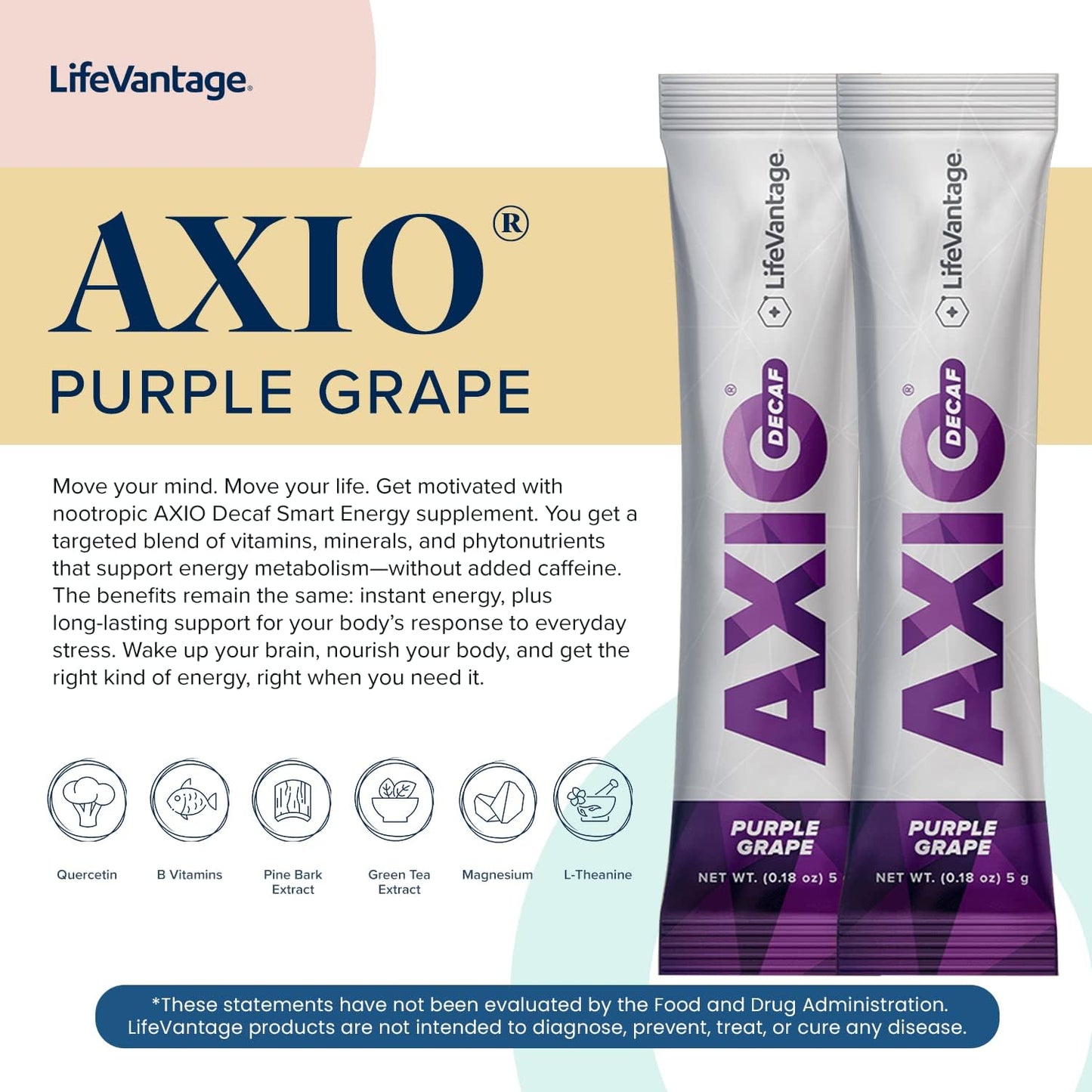 LifeVantage AXIO Purple Grape Energy Drink Powder - 30 Packets with B Vitamins & Green Tea Extract