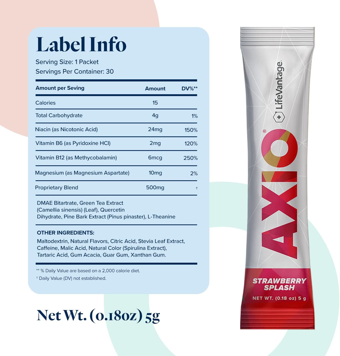 LifeVantage AXIO Strawberry Splash Energy Drink Powder - 30 Packets with B Vitamin, DMAE, L-Theanine, Quercetin, Green Tea, Pine Bark