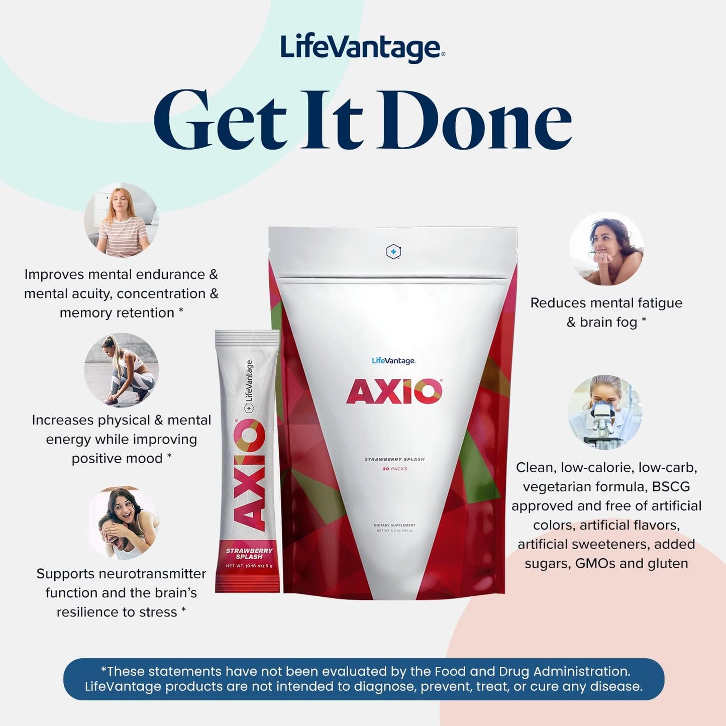 LifeVantage AXIO Strawberry Splash Energy Drink Powder - 30 Packets with B Vitamin, DMAE, L-Theanine, Quercetin, Green Tea, Pine Bark