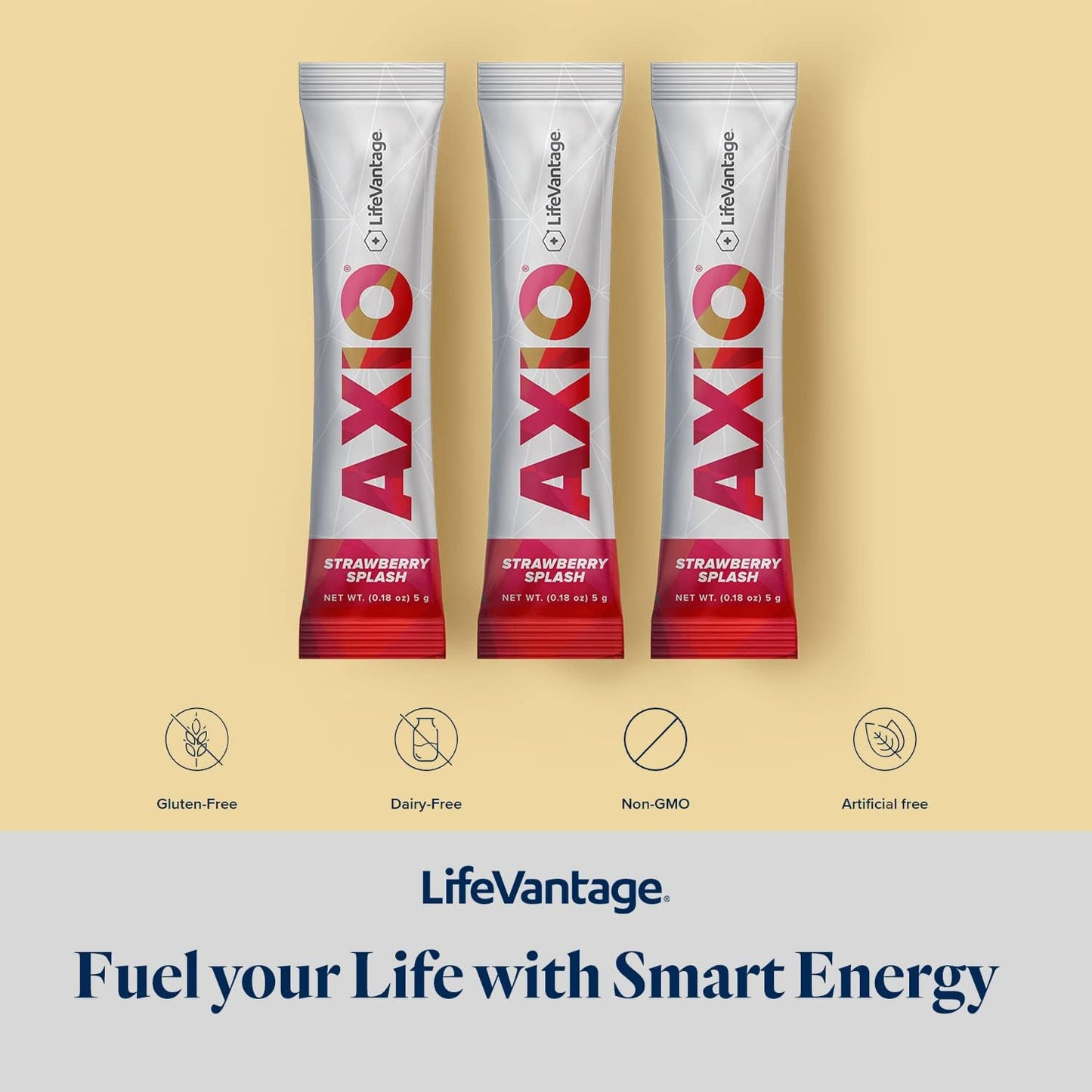 LifeVantage AXIO Strawberry Splash Energy Drink Powder - 30 Packets with B Vitamin, DMAE, L-Theanine, Quercetin, Green Tea, Pine Bark