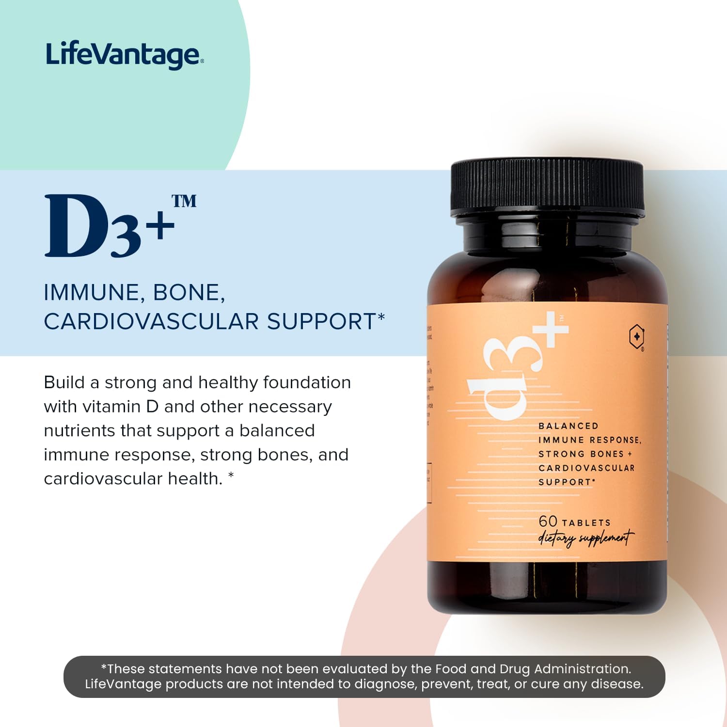 LifeVantage D3+ - Immune Support Supplement with Vitamin K2, Magnesium, and Calcium - 60 Tablets - Non-GMO, Gluten-Free, Vegetarian