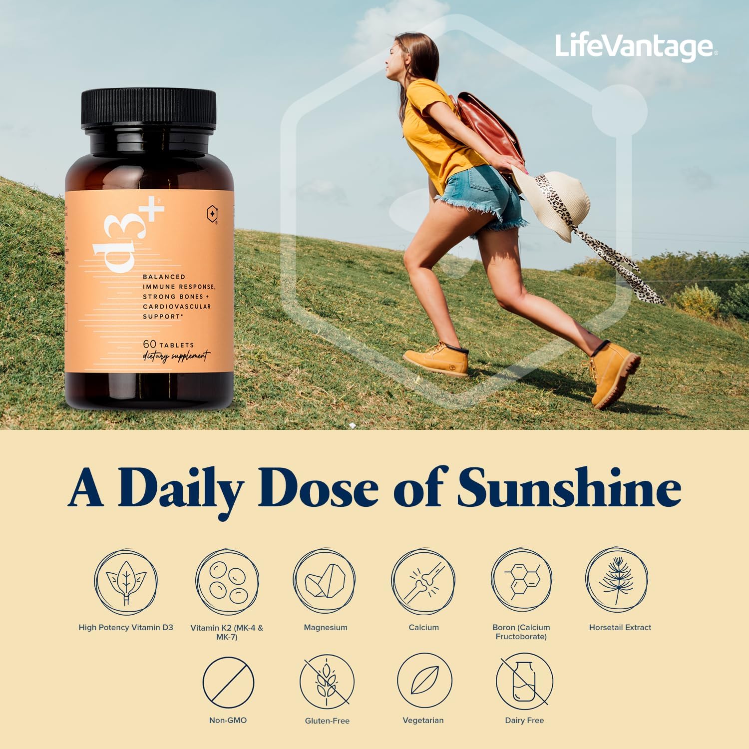 LifeVantage D3+ - Immune Support Supplement with Vitamin K2, Magnesium, and Calcium - 60 Tablets - Non-GMO, Gluten-Free, Vegetarian