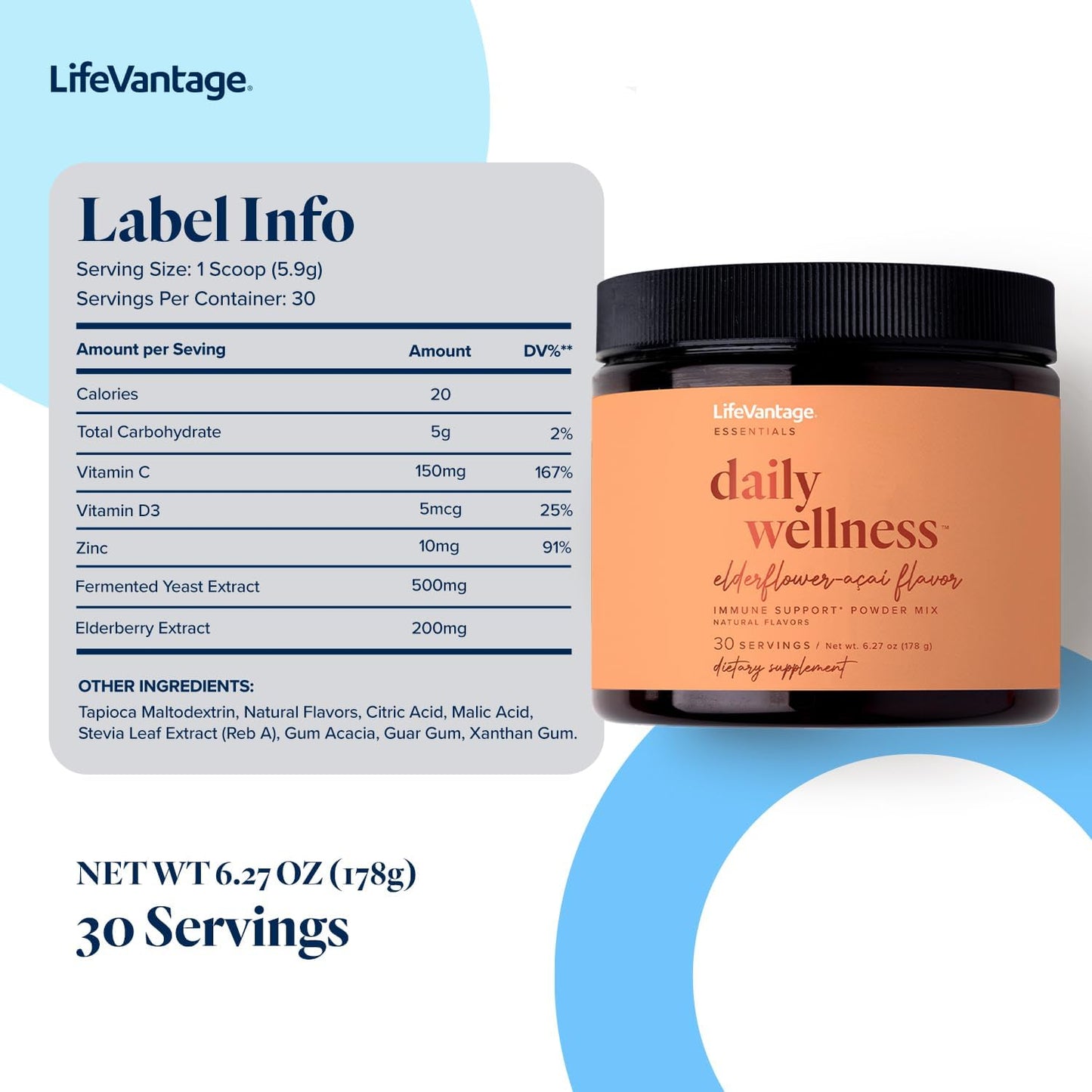 LifeVantage Elderflower-Acai Immune Support Drink Mix - 30 Servings (178g)