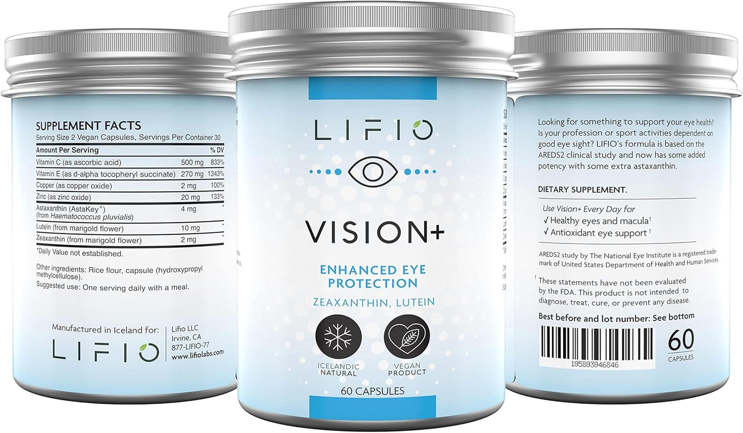 Lifio Vision+ Eye Protection Supplement with Icelandic Astaxanthin, Zeaxanthin, Lutein - Vegan, 60 Capsules